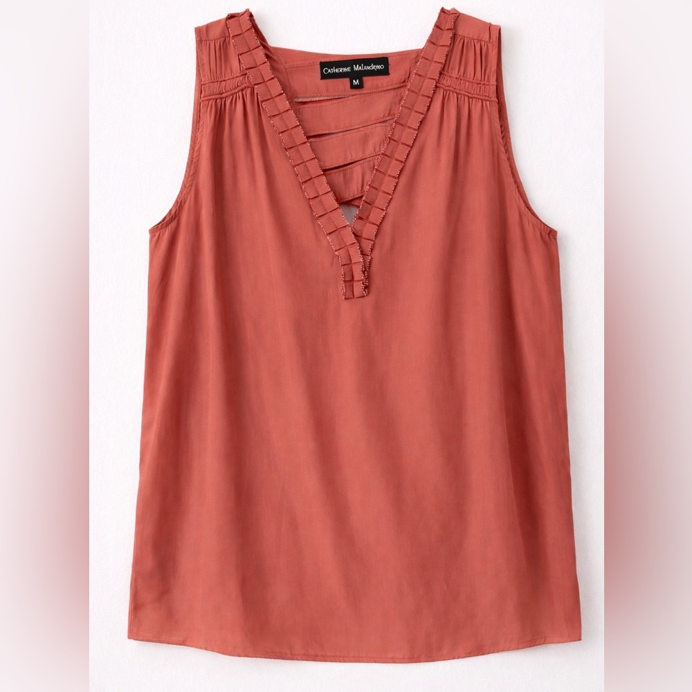Catherine Malandrino Coral Sleeveless Blouse Ruffle Trim Ladder V-Neck Size M